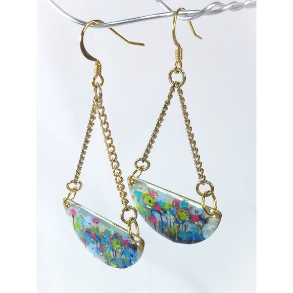 Crescent Floral Earrings Hand Painted Artisan Colorful Real Gold Accents NEW - Picture 7 of 10